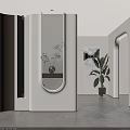 Modern Minimalist Entryway Hallway With White Walls Wooden Accent Circular Mirror Potted Plant And Lighting
