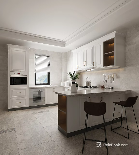Modern White Kitchen Interior With Island Counter White Cabinets And Bar Stools 3d model