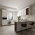 Modern White Kitchen Interior With Island Counter White Cabinets And Bar Stools 3d model