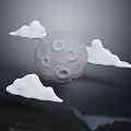 Decorative Ornament Set with Gray Moon Model and White Clouds on Black Background with Reflection 3d model
