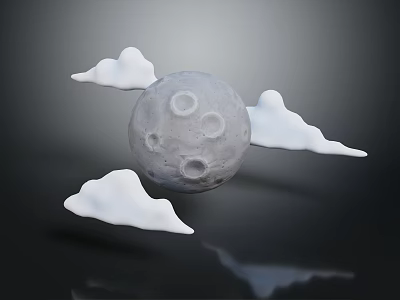Decorative Ornament Set with Gray Moon Model and White Clouds on Black Background with Reflection 3d model