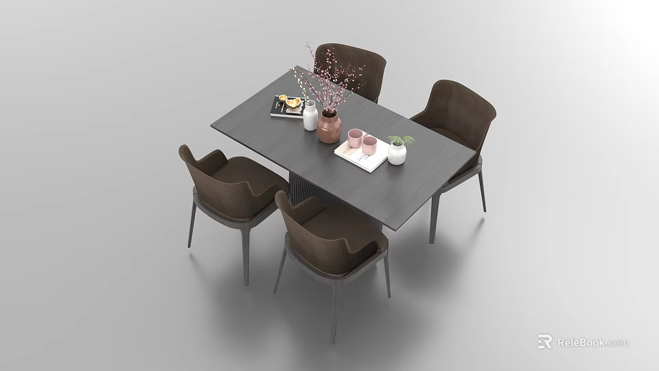 Modern Dining Table With Four Chairs And Decorative Vase Cups On Top Surface 3d model 