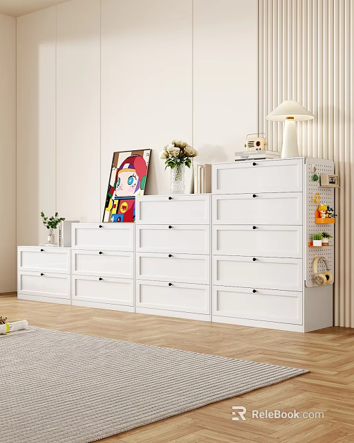 White Storage Cabinet With Drawers Home Interior Decorated With Artwork Vase Flowers And Table Lamp 3d model 
