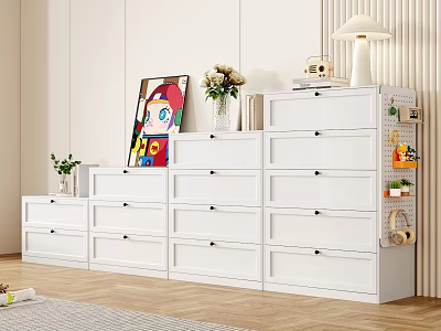 White Storage Cabinet With Drawers Home Interior Decorated With Artwork Vase Flowers And Table Lamp 3d model