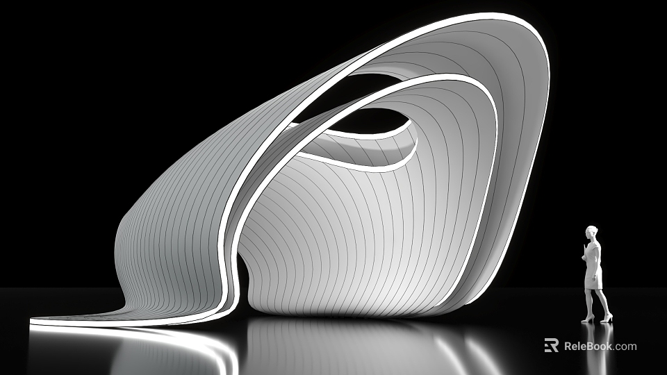 Modern Medical Exhibition Hall With Streamlined Curved Design And Lighting Effects 3d model 