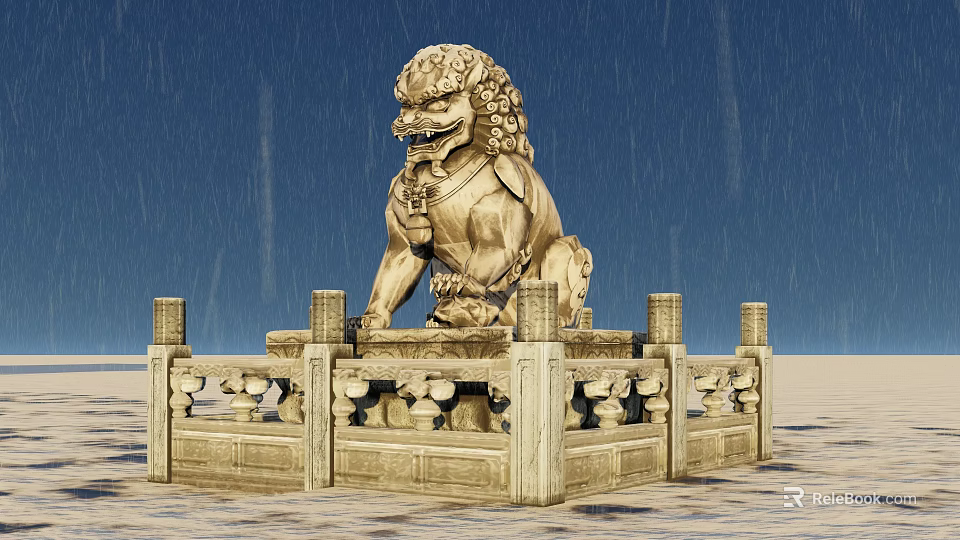 Garden Ornament Stone Lion On Pedestal With Railing Under Rainy Blue Sky 3d model 