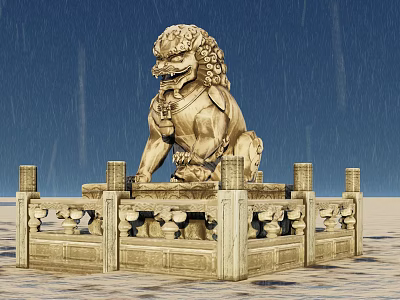 Garden Ornament Stone Lion On Pedestal With Railing Under Rainy Blue Sky 3d model