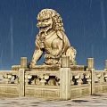 Garden Ornament Stone Lion On Pedestal With Railing Under Rainy Blue Sky