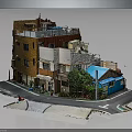 Vintage Urban Building With Mixed Colorful Facades And Street View Details