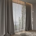 Elegant Light Gray Linen Curtains With Sheer White Layers And Window Tree View 3d model