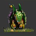Green Turtle Adorned with White Flowers Bees and Butterflies on Lush Grass with Eggs