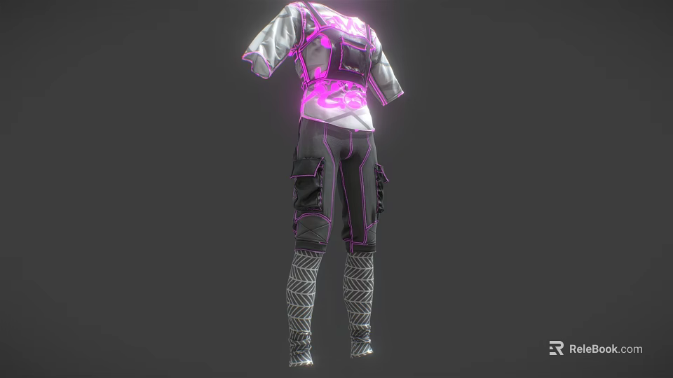 Futuristic Tactical Outfit With Glowing Pink Accents Straps Pocketed Pants And Patterned Socks 3d model 