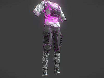 Futuristic Tactical Outfit With Glowing Pink Accents Straps Pocketed Pants And Patterned Socks 3d model