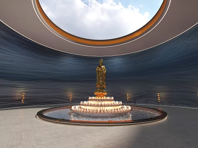 Golden Sculpture in Circular Space with Skylight Blue Sky and Illuminated Water Pool 3d model
