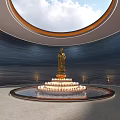 Golden Sculpture in Circular Space with Skylight Blue Sky and Illuminated Water Pool