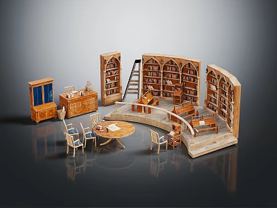 Cartoon Study Room Scene With Wooden Bookshelves Tables Chairs And Cabinet 3d model
