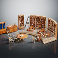 Cartoon Study Room Scene With Wooden Bookshelves Tables Chairs And Cabinet