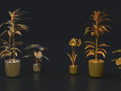 Golden Potted Plants With Different Sizes And Golden Leaves On Black Background 3d model