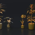 Golden Potted Plants With Different Sizes And Golden Leaves On Black Background