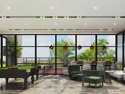 Modern Office Interior With Billiard Table Green Sofa Pendant Lights Large Windows And Outdoor Views 3d model