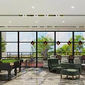 Modern Office Interior With Billiard Table Green Sofa Pendant Lights Large Windows And Outdoor Views