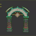 Ornate Decorative Archway With Horns Diamond Emblem Turquoise Pink Accents And Geometric Pattern Pillars