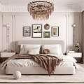 Modern Elegant Bedroom Interior Design With Bed Decorative Paintings Wardrobe And Chandelier