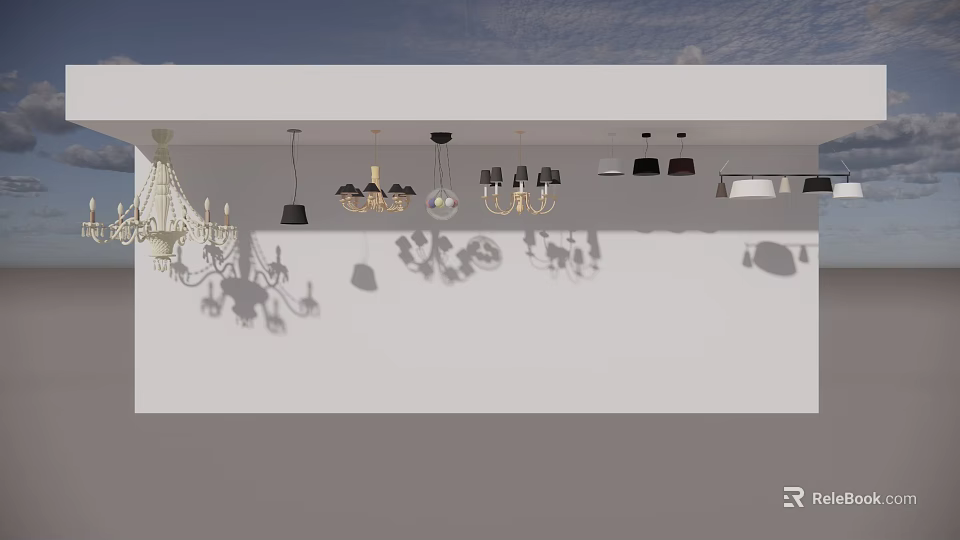 Stylish Modern And Classic Chandeliers Hanging In Display Space With Shadow Effects 3d model 