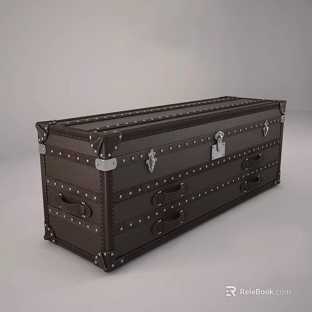 Vintage Brown Leather Trunk With Metal Rivets And Lock Details 3d model 