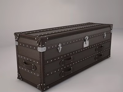 Vintage Brown Leather Trunk With Metal Rivets And Lock Details 3d model