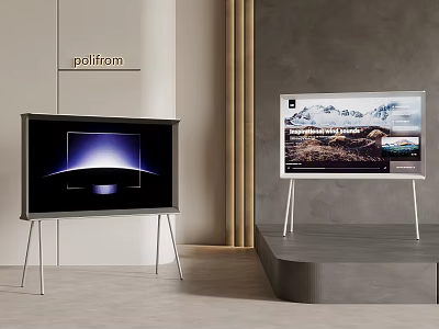 Two Modern Televisions With Sleek Stands Displaying Scenery In Interior Design 3d model