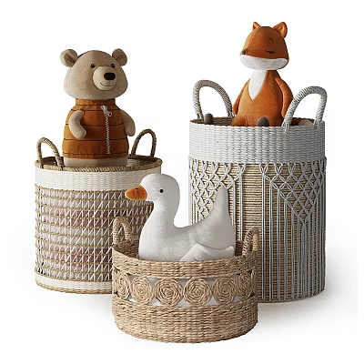 Adorable Stuffed Bear Fox and Goose Plush Toys in Woven Storage Baskets 3d model