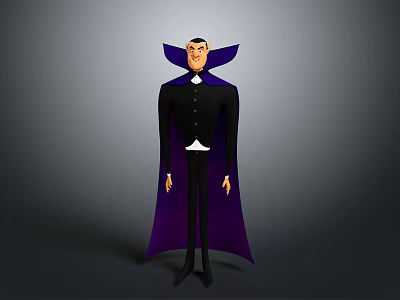 Cartoon Vampire Character In Black Suit With Purple Cape And Pointed Fangs 3d model