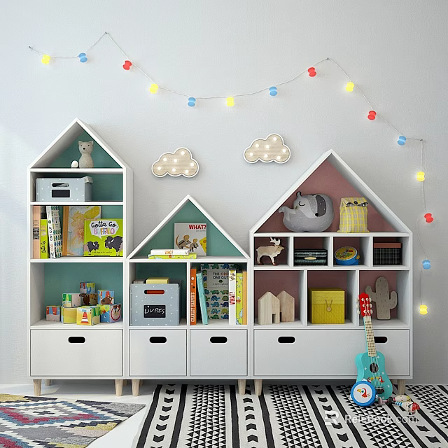 Children's Bed With House Shaped Bookshelves Books Toys And String Lights 3d model 
