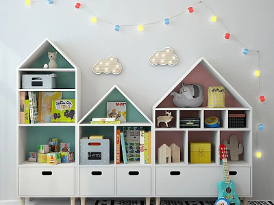 Children's Bed With House Shaped Bookshelves Books Toys And String Lights 3d model