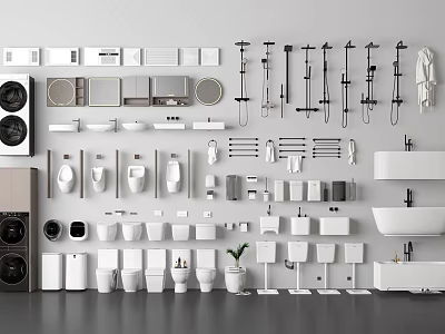 Complete Modern Bathroom Suite With Toilets Basins Shower Heads Towel Racks And Bathtubs 3d model
