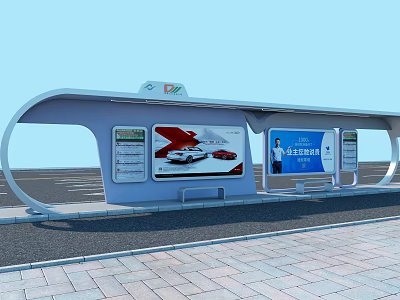 PTA Bus Station Featuring Curved Roof Car Ads Seats And Brick Pavement 3d model