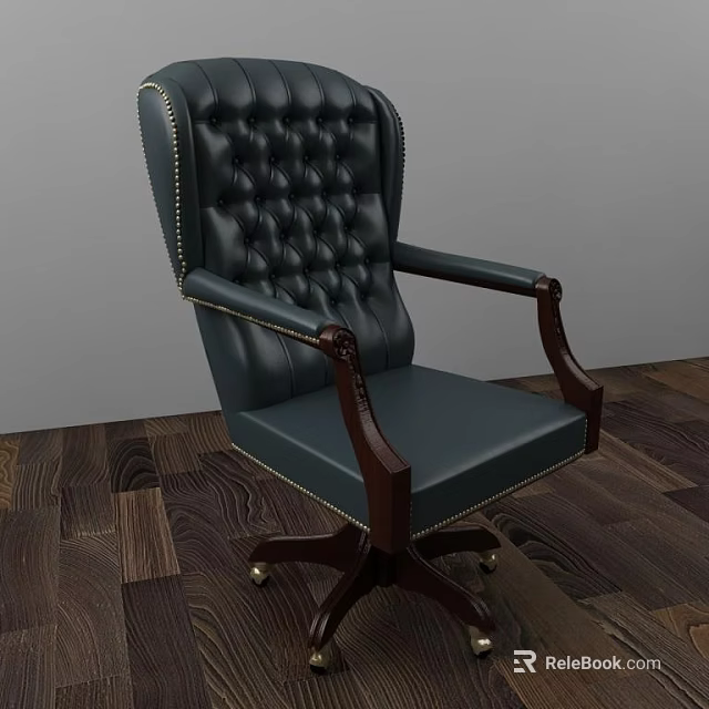 Classic Tufted Leather Office Chair With High Back Wooden Armrests And Swivel Base 3d model 