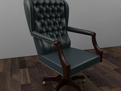 Classic Tufted Leather Office Chair With High Back Wooden Armrests And Swivel Base 3d model