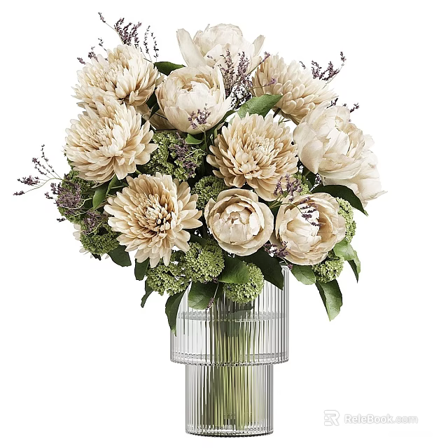 Elegant Beige Peony Flowers In Transparent Striped Vase With Green Leaves And Purple Blooms 3d model 