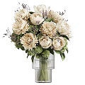 Elegant Beige Peony Flowers In Transparent Striped Vase With Green Leaves And Purple Blooms