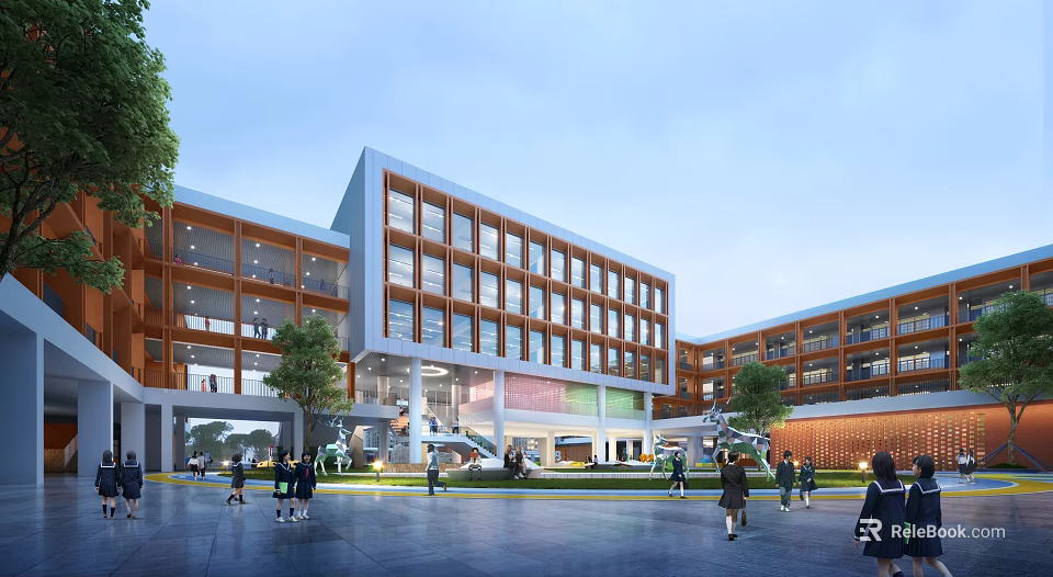 Modern Multi Story School Building With Orange White Facade Large Windows And Students In Campus 3d model 