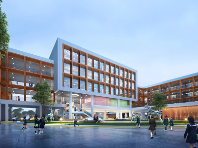 Modern Multi Story School Building With Orange White Facade Large Windows And Students In Campus 3d model