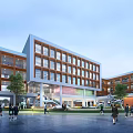 Modern Multi Story School Building With Orange White Facade Large Windows And Students In Campus