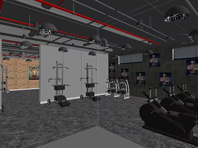 Spacious Gym Interior With Brick Wall Fitness Equipment Athlete Posters And Mirrors 3d model
