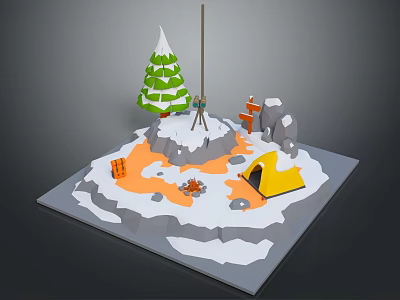 Winter Outdoor Camp Scene With Snowy Tree Yellow Tent Campfire And Signpost 3d model