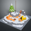 Winter Outdoor Camp Scene With Snowy Tree Yellow Tent Campfire And Signpost