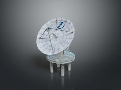 White Parabolic Satellite Dish With Grid Structure And Blue Logo On Stand 3d model