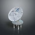 White Parabolic Satellite Dish With Grid Structure And Blue Logo On Stand