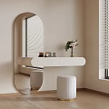 Minimalist Vanity Area With Oval Mirror White Table Stools And Flower Vase 3d model